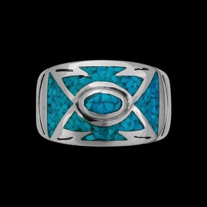 Size 7 -Sterling Silver Turquoise Southwestern Arrow Band, Handmade Oval Center Ring, Geometric Gemstone Jewelry