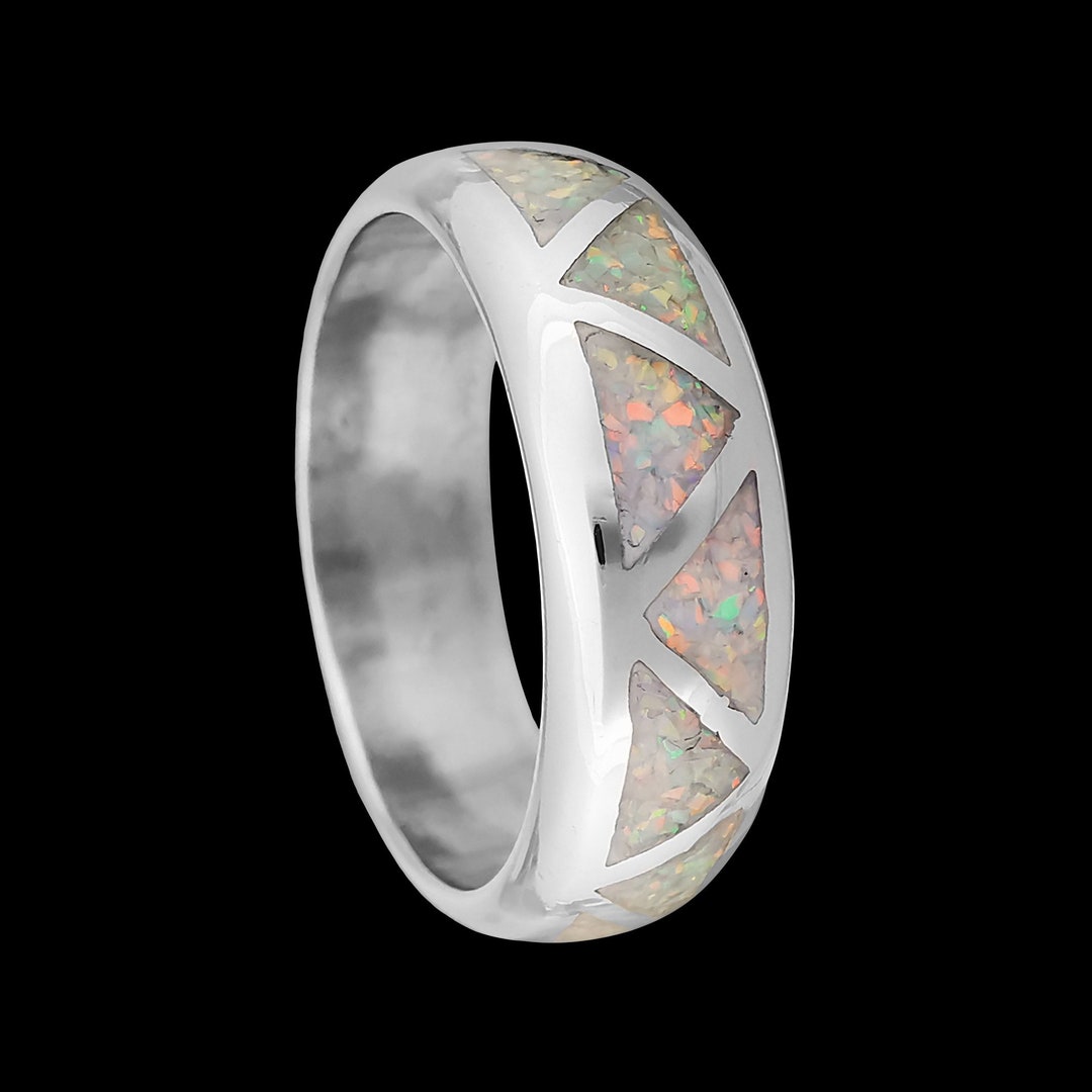 Navajo Handmade Wedding Band Ring • White Opal • 925 Sterling Silver ...