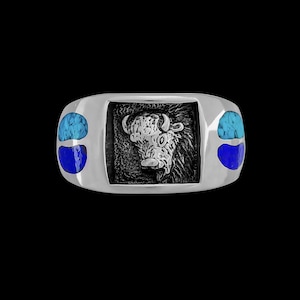 Sterling Silver Buffalo Ring • Navajo Handcrafted • Spirit Animal Ring • Turquoise and Lapis