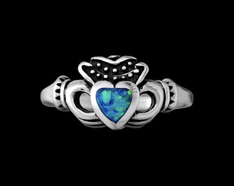 Größe 7-925 Sterling Silber Blau Feueropal Herz Ring, Kleine Cowboy Claddagh Design, Handgefertigte Opal Band, Handgemachter Schmuck