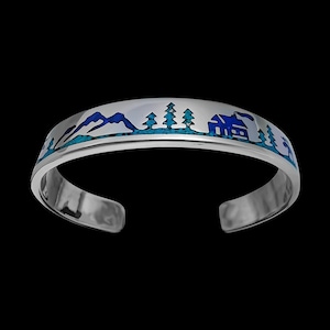 925 Sterling Silber Mountain Man Manschettenarmband mit Elch und Berghütten
