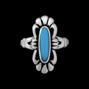Size 7-925 Sterling Silver Turquoise Resin Oval Ring, Squash Blossom Design, Handmade Floral Band, Handcrafted Nature Jewelry