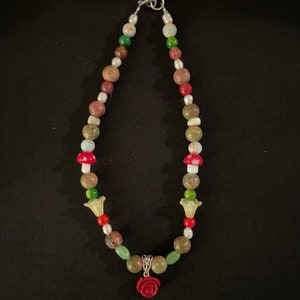 Grateful Dead American Beauty inspired beaded hippie fairy earth necklace 60s 70s dead n co mushroom handmade dead head boho butterfly