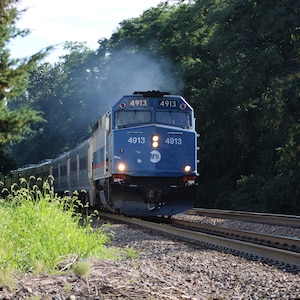Puede incluir: Un tren de pasajeros azul y blanco con el número 4913 en el lateral viaja por una zona arbolada. El tren está emitiendo humo del motor.
