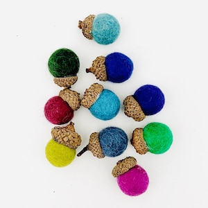 May include: A collection of felt acorns in various colours, including green, blue, pink, red, and yellow. The acorns are arranged in a cluster on a white background.
