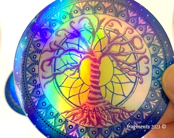 Calcomanía de vinilo holográfica impermeable con diseño de árbol de la vida y mandala