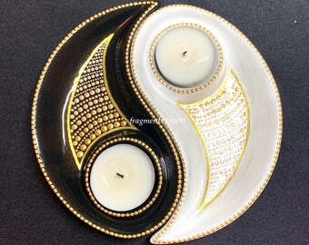 Candelabro y plato de té Yin Yang de dos piezas y doble propósito, pintado a mano.