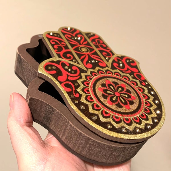 Wooden Hamsa Hand Box Hand Painted With Rhinestones