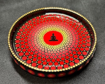 Plato de baratijas Buda Amarillo Rojo Mandala Geometría Sagrada Arte de puntos