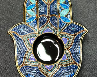 Portavelas con forma de Mano de Hamsa, diseño de mandala de puntos