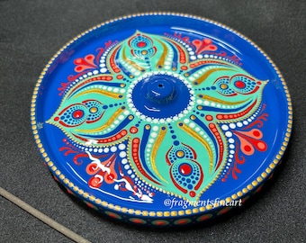 Quemador de incienso en barra, soporte redondo con diseño de mandala de puntos, hecho a mano y pintado a mano.