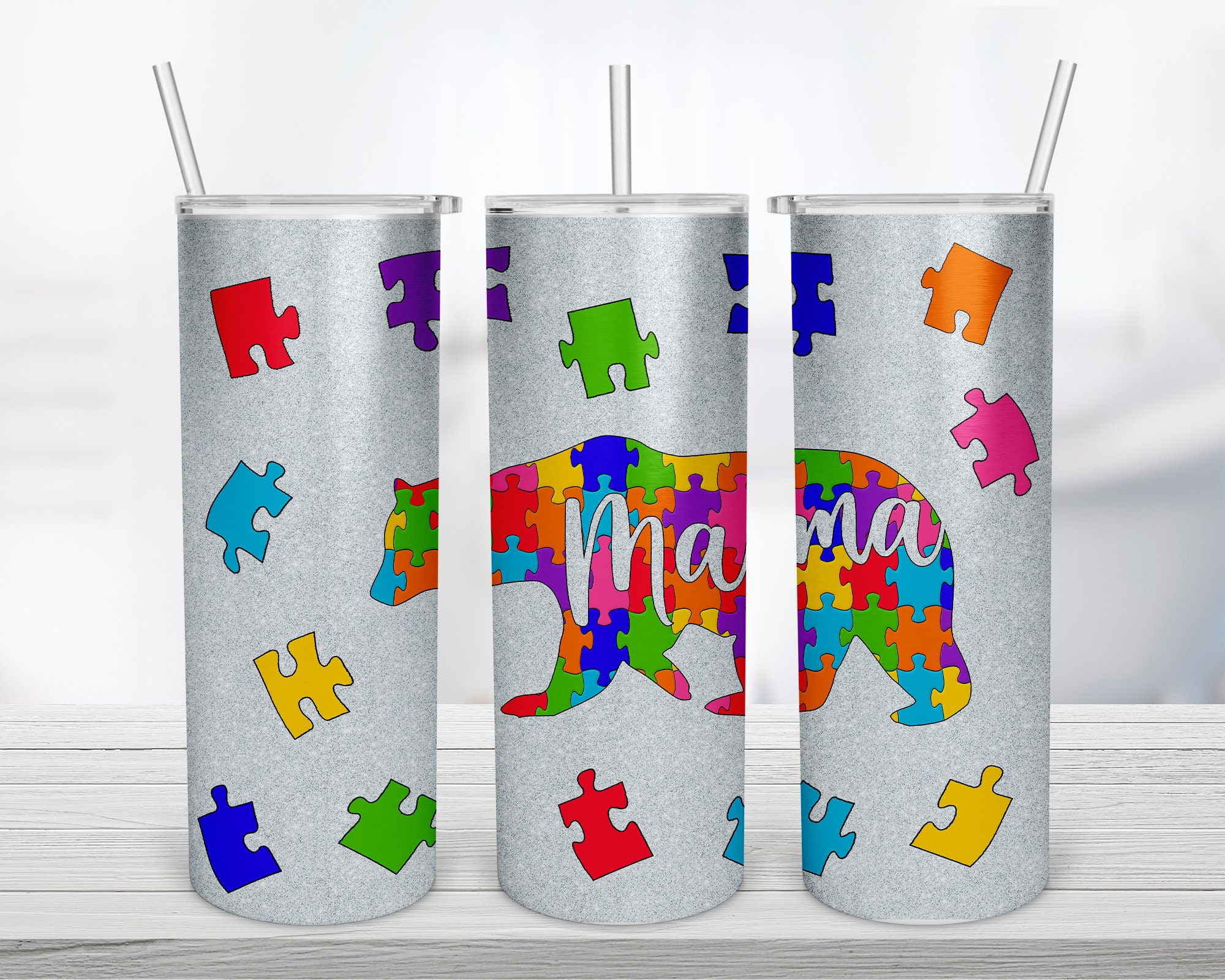 Autism Awareness Tumbler Sublimation Design Png Glitter Bear Etsy España