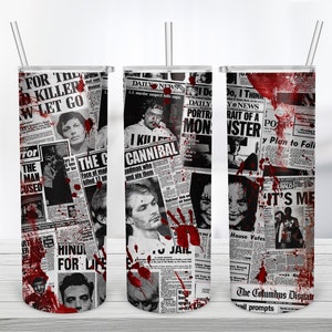 Serial Killers Newspaper Stories Tumbler Sublimation Design Template, 20 oz Skinny Tumbler, Straight & Tapered, Instant Download PNG