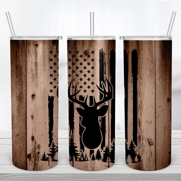 Deer and Flag, 20 oz Skinny Tumbler Sublimation Design Template, American Flag, Hunting Png, Straight & Tapered, Instant Download PNG