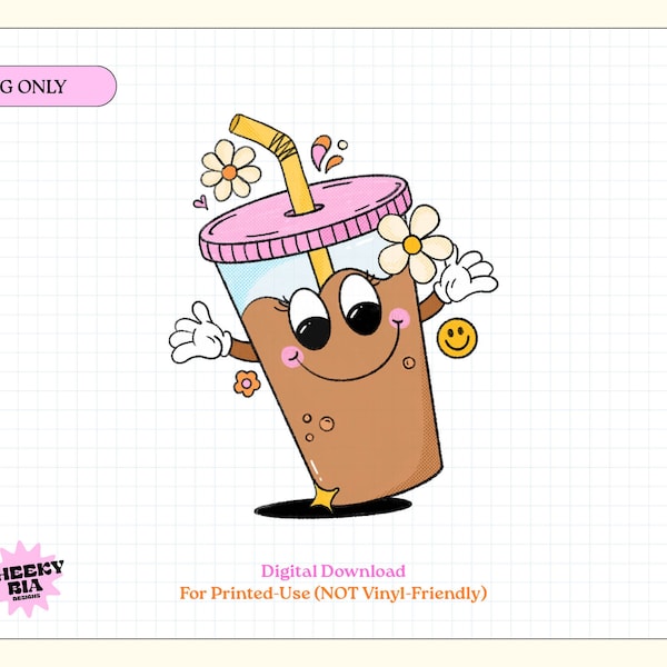 Iced Coffee Character PNG Only | Retro Character for transfers, sublimation, and/or stickers