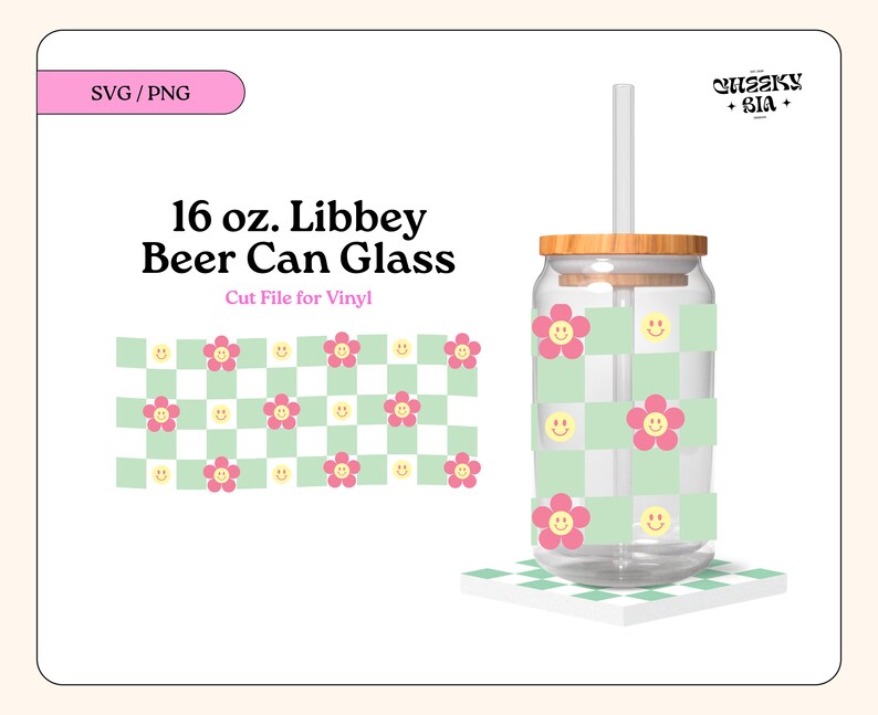 Checkered Flower Wrap SVG and PNG for 16 Oz and 20 Oz Can Glass Cups ...