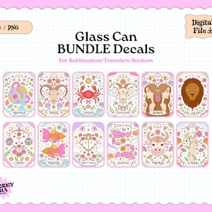 Sternzeichen Aufkleber BUNDLE für Glastasse, SVG PNG, Glastasse Design, Eiskaffee Aufkleber, retro, groovy