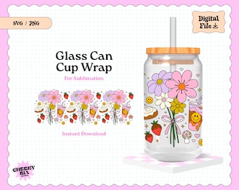 Flower Bouquet Retro Doodles SVG PNG for 16 oz Cup Wrap, glass cup design, cup designs, mushroom design, flowers cup wrap
