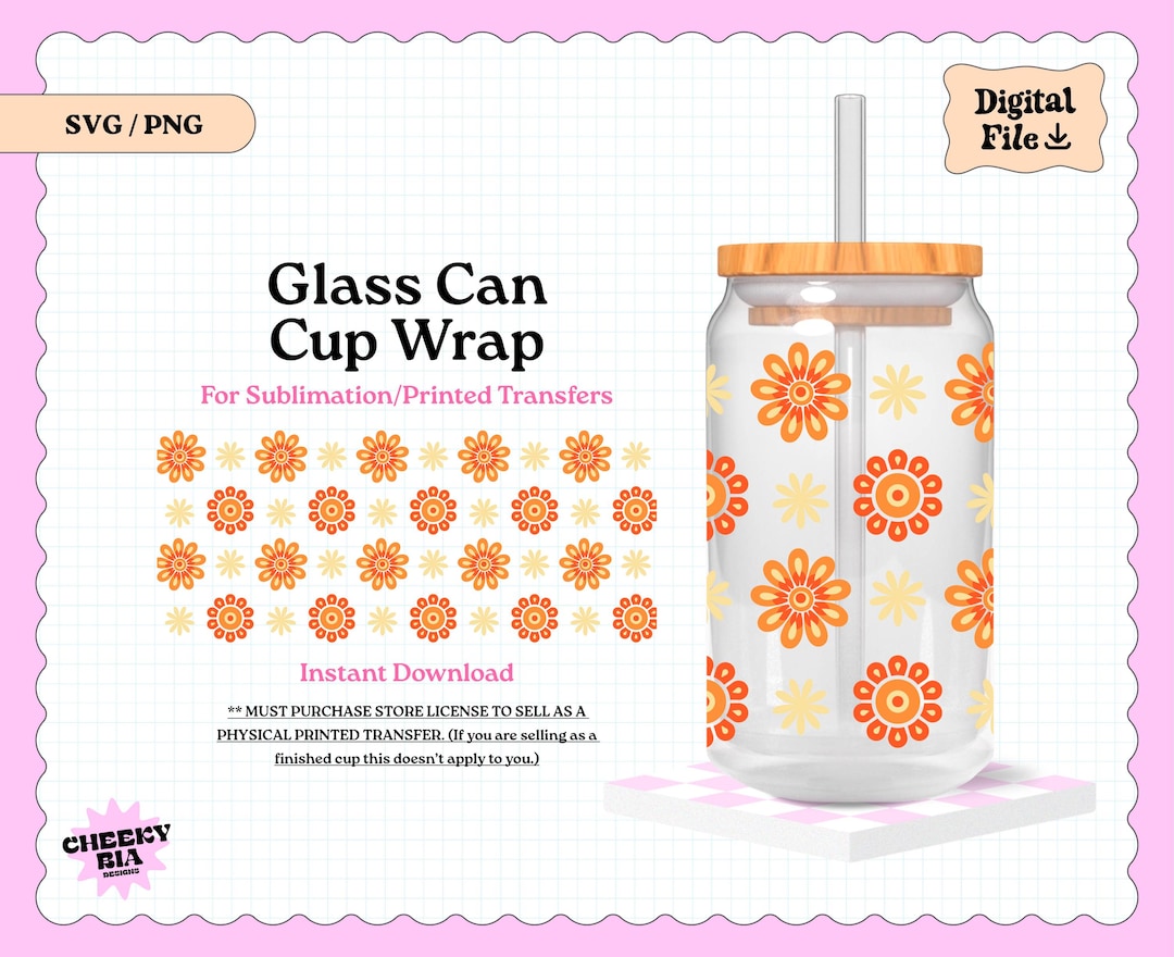 Retro Flowers Cup Wrap for Can Glass SVG | PNG | Cutie Design for ...