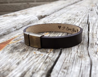 Engraved Leather Bracelet, Hidden Message Gift for Men