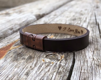 Pulsera de bronce con mensaje para novio, regalo de aniversario para hombre, pulsera de cuero personalizada, mensaje secreto, regalo personalizado.