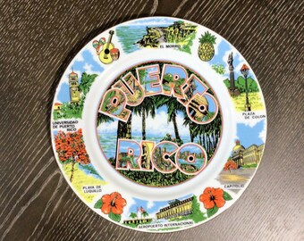 Vintage Decorative Puerto Rico Souvenir Collector Plate, Gold Trim