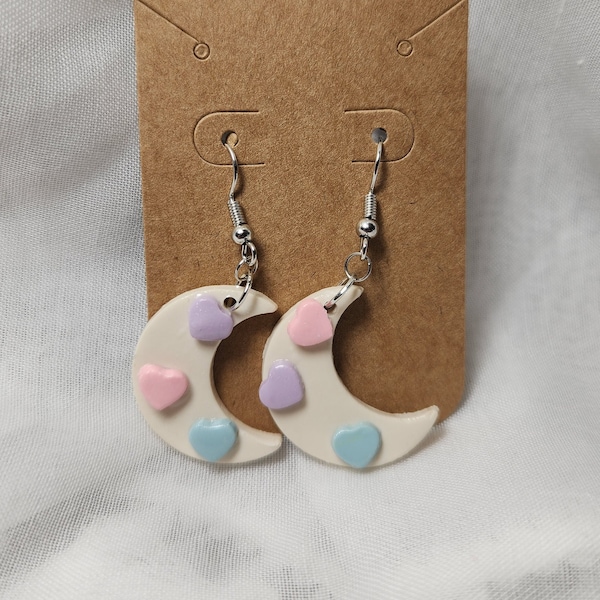 Crescent Moon Earrings With Mini Pastel Hearts