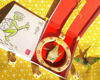 Porte-bonheur origami grue japonaise Kappa, anneau décoratif en bois pyrogravé