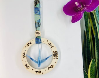 Talizman origami Japoński żuraw Karp Koi, ozdobny pierścień z pirograwerowanego drewna