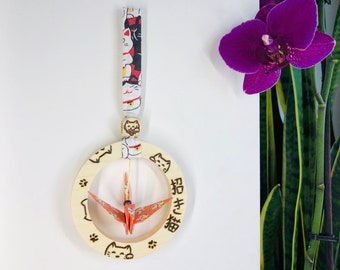 Talizman origami Japoński żuraw Maneki Neko, dekoracyjny, pirogrybowany drewniany pierścień z kotem