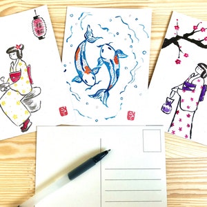 Cartes postales peintes à la main d'inspiration japonaise
