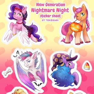 May include: A sticker sheet featuring six different My Little Pony characters dressed in Halloween costumes. The characters are a vampire bat pony, a mummy pony, a ghost pony, a witch pony, a pumpkin-carrying pony, and a pony with a skull on its head. The sticker sheet is titled "New Generation Nightmare Night sticker sheet by Tokokami".