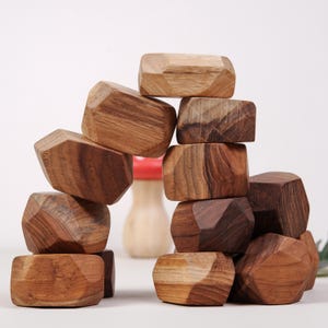 Wooden Stacking Rocks Toy, Montessori Wood Blocks, Balancing Stones, Handcrafted Nature Plaything for Kids, Wood Landscape Garden Ornaments