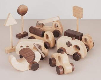 Wooden Vehicle Set: Montessori Toys, Handmade Natural Wood