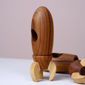 Handcrafted Wooden Rocket Toy, Spaceship | Mini Figurine Wood Toys | Montessori-Inspired Space Adventure Toy for Toddlers