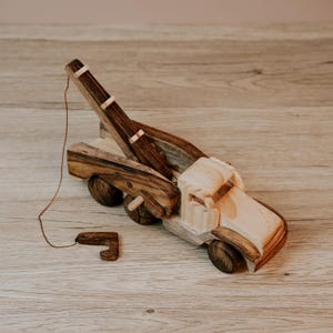 Handcrafted Wooden Crane Truck Toy: Functional Montessori Truck