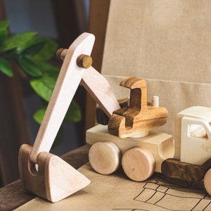 Wooden Excavator Toys for children Wood miniature truck Nursery Decor Birthday gift for children 1 year. image 1