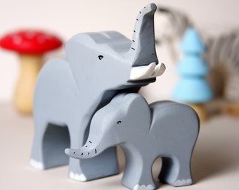 Wooden Elephant Figurine Set: Hand-Painted Montessori Nursery Decor