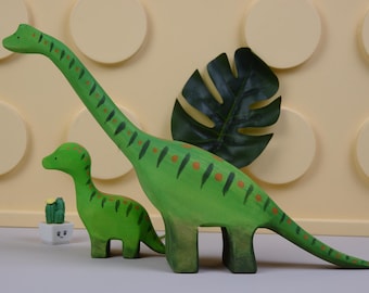 Hand-Painted Wooden Apatosaurus Dinosaur Toy Set: Montessori Nursery Decor