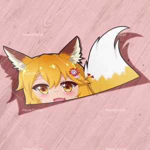May include: A sticker featuring a cartoon fox girl with yellow hair, red eyes, and a white and orange tail. The fox girl is wearing a red flower in her hair and is looking to the right. The sticker is on a pink wooden background.