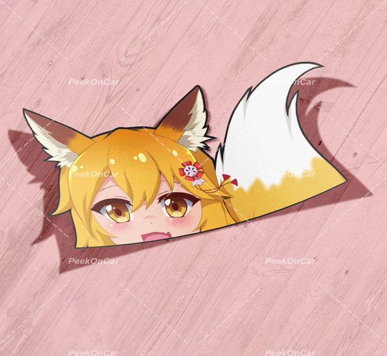 May include: A sticker featuring a cartoon fox girl with yellow hair, red eyes, and a white and orange tail. The fox girl is wearing a red flower in her hair and is looking to the right. The sticker is on a pink wooden background.