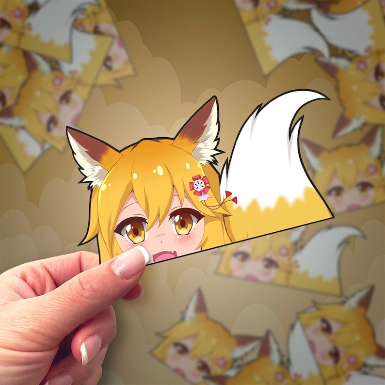 May include: A sticker featuring a cartoon fox girl with yellow hair, a white fluffy tail, and a red flower in her hair. The sticker is partially peeled off a background of multiple copies of the same sticker.