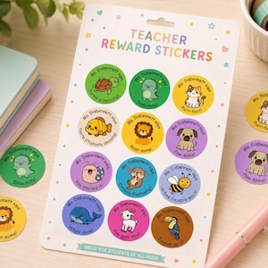 May include: A sheet of circular teacher reward stickers featuring colourful cartoon animals and text that reads Ms. Disbennett says along with phrases like Turtle-y terrific, Dino-mite, Purr-fect, You're Ofishally amazing, Roar-some, Paw-some, You snailed it, Orterly Fantastic, Un-bee-lievable work, Whale done, You goat this, and Toucan do it.