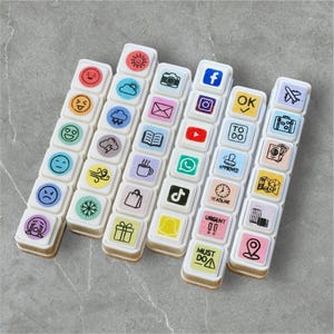 Mini Stamp Set - 6 Connected Stamps | Weather, Mood, Travel, To-Do, Leisure, Social Media Themes | Cute Planner Rubber Stamps