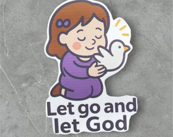 Pegatina "Déjalo ir y deja que Dios lo haga" - Pegatina de fe cristiana, Niña liberando una paloma, Vinilo impermeable inspirador, Regalo con versículo bíblico