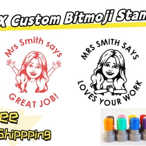 2-delige aangepaste bitmoji-stempel voor leraar - Gepersonaliseerde leraarsstempel met bitmoji-ontwerp voorgeïnkte zelfinktende stempel Uitstekende set van twee