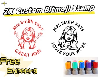 2pcs Custom Bitmoji Teacher Stamp - Personalized Teacher Stamp with Bitmoji Design pre-inked self-inking stamp Excellent Set of Two