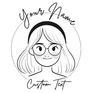 Pode incluir: Desenho de linha preto e branco de uma pessoa com óculos e uma faixa de cabeça. O desenho está em um círculo com o texto "Your Name" acima da pessoa e "Custom Text" abaixo da pessoa.