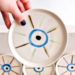 Green Evil Eye Stoneware Dessert Plate 6 inches – Hand-Painted Nazar & 24 k Gold Boho Wall / Trinket / Tapas Dish • Unique Housewarming Gift