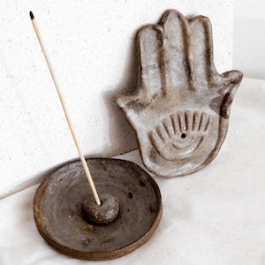 Hamsa Incense Burner Set – Stoneware Incense Holder & Stick Plate, Stoneware Hand of Fatima Protection Decor • Boho Yoga Room Gift